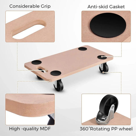 Heavy Duty Wood Furniture Moving Dolly with 360 Degree Wheels, anti-skid gasket, 500 lbs capacity, 23 x 11.5 inches, close-up details