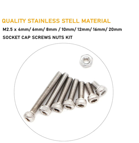 M2.5 Hex Socket Cap Screws And M2.5 Hex Nuts Kit With Wrench, 190 Pcs, 304 Stainless Steel, silver tone screws and nuts