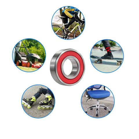 Image of a Ten Pack 6205 2RS Double Rubber Seal Bearing 25x52x15mm pictured with applications like bikes, skateboards, and office chairs