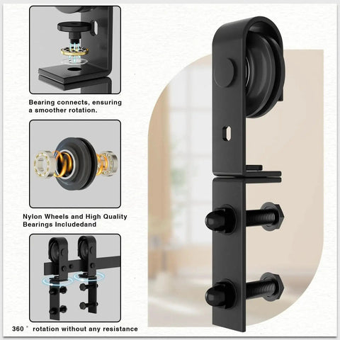Detailed view of Bi-Folding Sliding Barn Door Hardware Kit with nylon wheels and bearings, ideal for 40 inch rail low ceiling use.