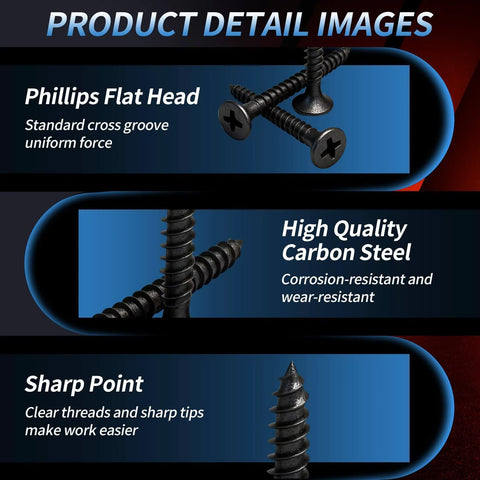 Wood Screws Assortment Kit, 190 High Hardness Pro Grade Drywall Screws With Phillips Drive Flat Head, 7 Different Sizes