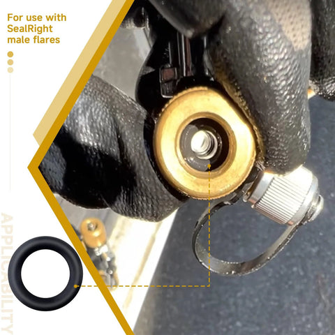 10-pack O-ring seals for 1/4-in HVAC quick couplers; black rubber gasket inside brass fitting (installed)