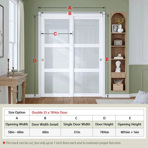 Preassembled Sliding Closet Door 60x80 Inch White Double 31 Inch Panels With 3 Lite Frosted Glass Bypass Door And Hardware Kit Included Wood Slab Waterproof PVC Surface Easy To Install No Assembly Required Smooth Quiet Glide, shown installed in a living room setting with size chart.