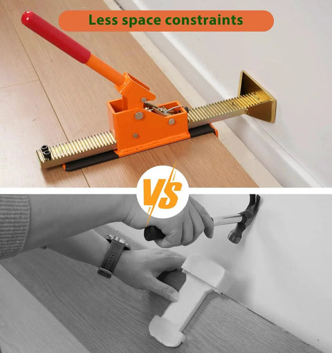 Ratcheting Flooring Jack Hardwood Laminate Plank Tongue And Groove Straightener comparing a ratchet tool to a rubber mallet