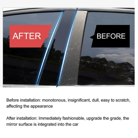 Side view of 6 Pcs Glossy Black Pillar Trim Covers for 2016 to 2021 10th Gen Civic showing before and after installation.