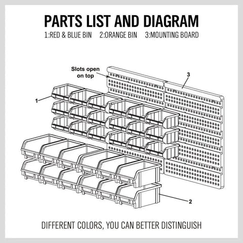 Wall Mounted Storage Bin Rack Kit 30 Piece Parts Organizer For Garage And Shop Durable Plastic With Color Coded Red Blue Orange Bins Removable Slat Wall Mount Heavy Duty Tool Storage Gift diagram