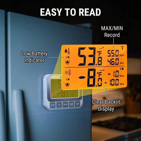 Wireless Refrigerator And Freezer Thermometer With Alarm No Setup Needed 500 Feet Range High Accuracy Rechargeable Sensor Backlit LCD Display Pre-Paired For Instant Monitoring Battery Included on fridge