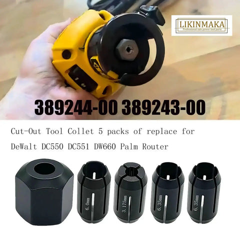 Collet Chuck And Nut Replacement Kit For Palm Routers And Drywall Tools 5 Pack With One Eighth Inch Two One Quarter Inch And Six Millimeter Collets Plus Nut Fits DW660 DW551 DCS Series Cutout Tools And RotoZip Spiral Saws
