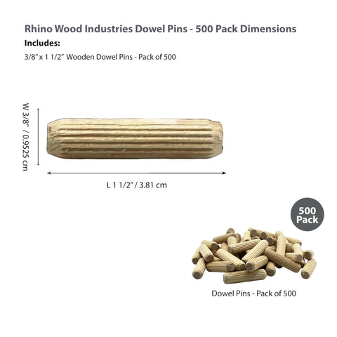 3/8 In X 1-1/2 In Dowel Pins, 500 Pack, Kiln-Dried Birch Hardwood, Fluted And Beveled Ends