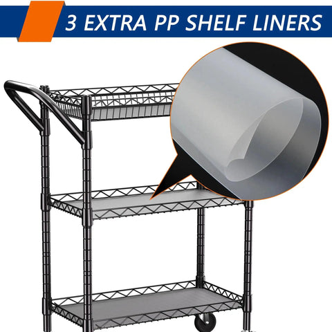 Three Tier Heavy Duty Rolling Utility Cart With Industrial Metal Frame And Handle Bar 18 In Deep By 23.8 In Wide By 36.6 In High Includes Shelf Liner 900 Lb Capacity Kitchen Black Ideal For Commercial Use In Kitchens Garages And Service Areas showing extra PP shelf liners