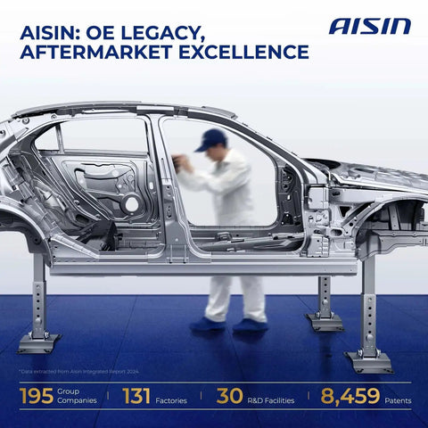Automobile chassis with engineer in background at Aisin facility, highlighting OE legacy and aftermarket excellence.