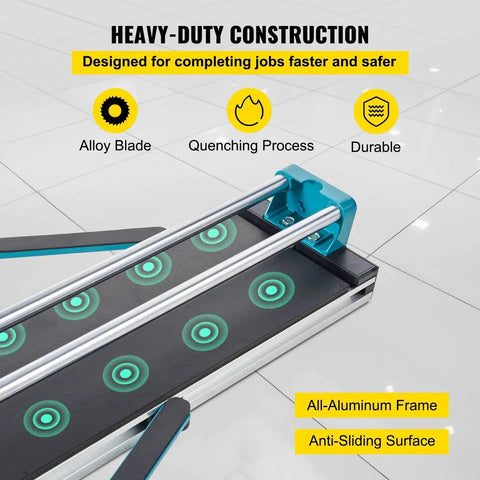 Close-up of 48 Inch Manual Tile Cutter with Laser Guide and Tungsten Wheel for Porcelain and Tile Cutting, All Steel Frame, 1200 Mm Capacity, showing aluminum frame and anti-sliding surface features.