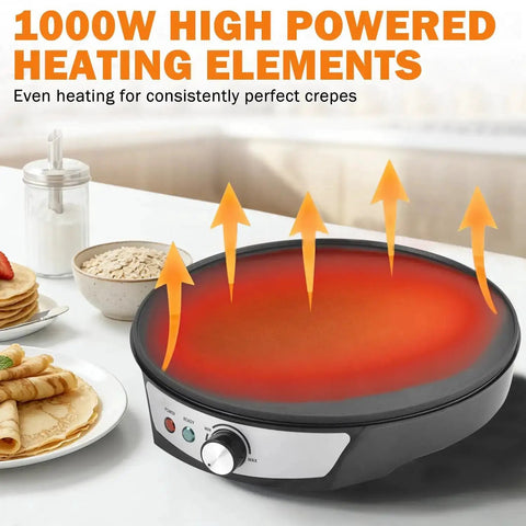 12 Inch Electric Crepe Maker With Nonstick Surface, Adjustable Temperature Control, showing even heating for perfect crepes
