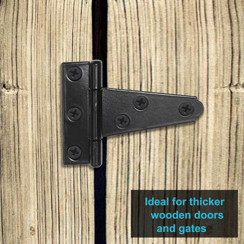 2 Inch T Strap Hinges Six Pack Heavy Duty Black Carbon Steel With Screws Installed on Wooden Gate