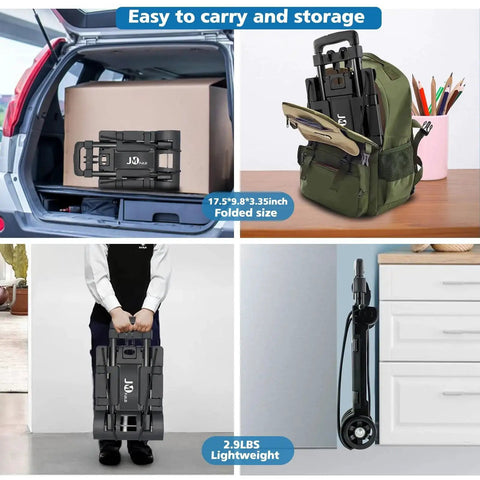Ultra-compact, lightweight folding hand truck shown folded in backpack, car trunk, and standing in closet.