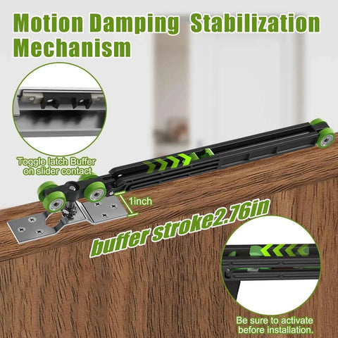 Motion damping stabilization mechanism of pocket door track kit with soft close and soft open for 5 ft, 5.3 ft and 8 ft doors