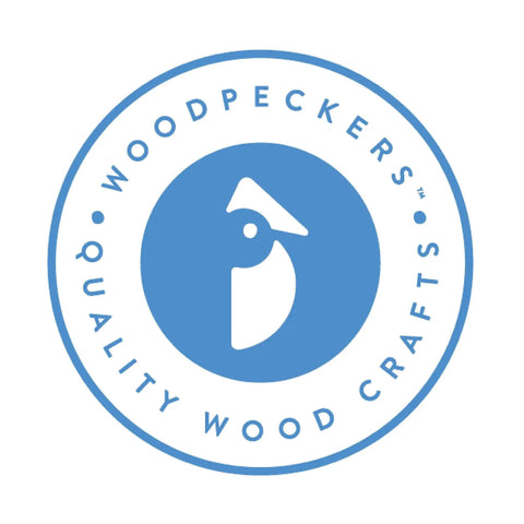 Woodpeckers logo with blue circle and bird design emphasizing quality wood crafts.