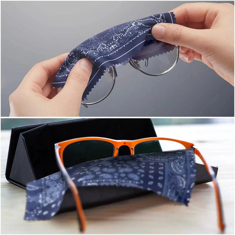 Using blue mandala microfiber cloth to clean glasses, highlighting use of Multicolor Microfiber Cloths For Glasses Lenses And Cameras.