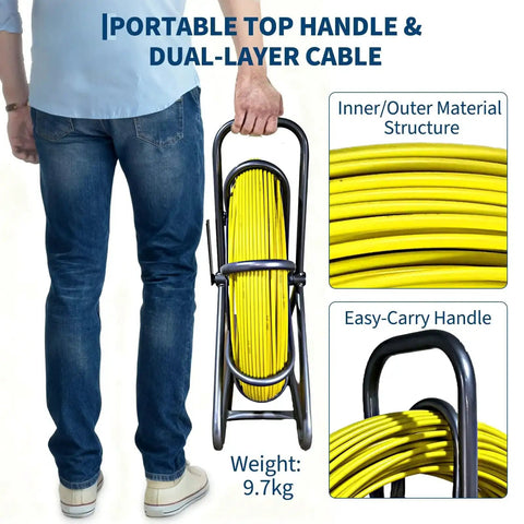 Fiberglass Fish Tape Pro Duct Rodder With Heavy Duty Cable Puller and Steel Stand, shown with portable handle, 9.7kg weight.
