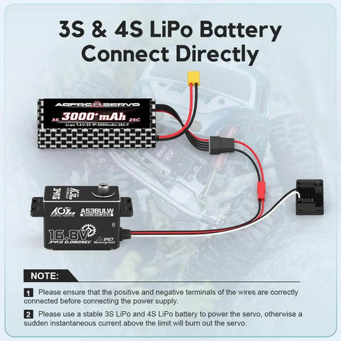 Beefy 34Kgcm High Torque RC Steering Servo waterproof with direct 16.8V LiPo battery connection for 1 to 10 scale RC cars.