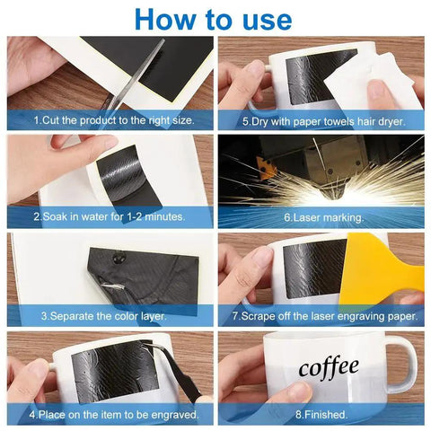 Instructions showing use of 12 Color Laser Engraving Marking Paper Set With Scraper for engraving on a mug.