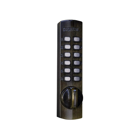 Keyless Surface Mount Hook-Bolt Lock For Sliding Doors In Antique Brass, front view showing push-button keypad.