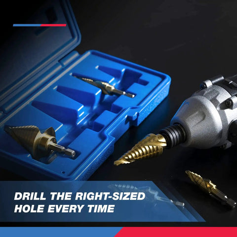 Pro Grade Step Drill Bit Set For Metal And Wood With Titanium Coated Unibits 50 Total Step Sizes In A 5 Piece SAE Spiral Grooved For Faster Drilling NEIKO 10173A shown in open case