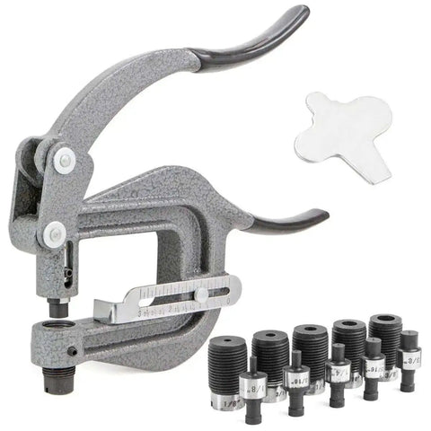 Deep Throat Sheet Metal Rivet Hole Punch Kit with Handy Portable Hand Tool and Six Die Sizes 1/8 to 7/16 inch, grey metal tool