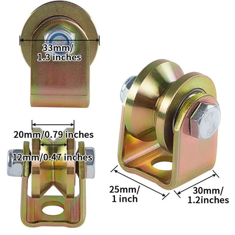 V Groove Caster 1.25 Inch Wheel With Bracket For Inverted Track Suitable For Sliding And Rolling Gates, Rigid Caster For Industrial Machines, Corrosion Resistant Galvanized Steel, 300 Lb Load Per Wheel, Pack Of 4, shown with dimensions.