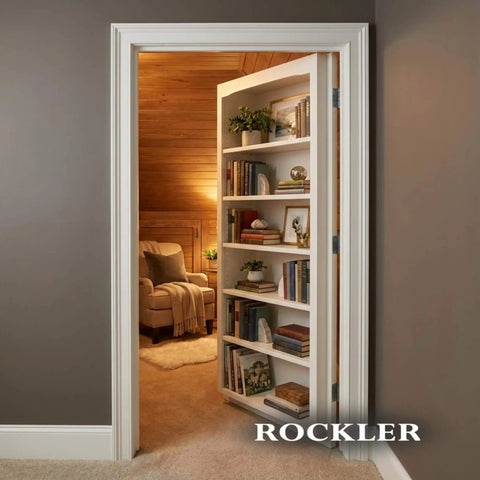 Hidden bookshelf door leading to a cozy wood-paneled room with an armchair, decorated shelves filled with books and plants.