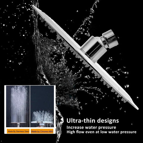 NearMoon 8-inch chrome rainfall shower head, ultra-thin, high-flow; insets show stainless steel and chrome ABS versions.