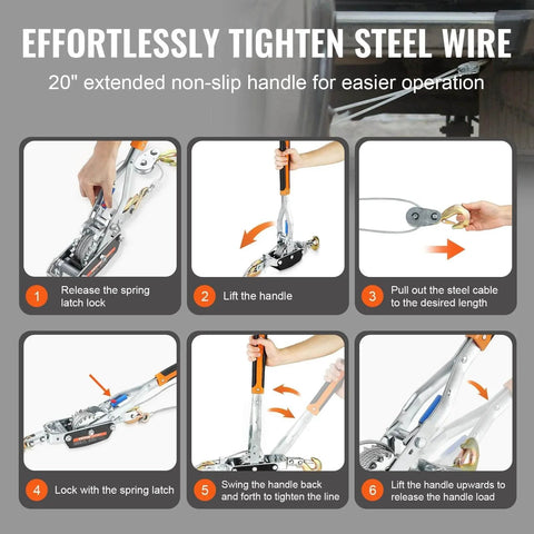 Instructional guide for using a Five Ton Come Along Winch With Eleven And A Half Foot Steel Cable Dual Gear Heavy Duty Ratchet Puller For Vehicle Rescue.