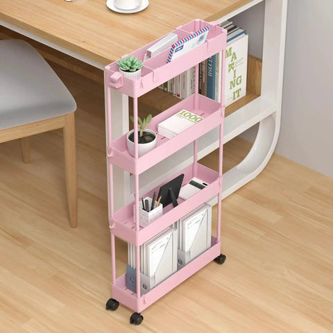 Four Tier Slim Storage Cart With Rolling Wheels For Narrow Gaps And Tight Spaces 38.7 Inch Tall Mobile Shelving Unit in pink.
