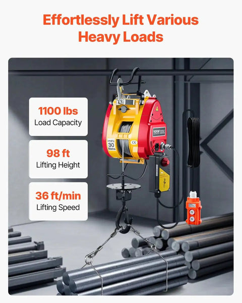 2 In 1 Electric Hoist Winch 1100 Lb Capacity 1800W 98 Ft Lift Remote Control in warehouse setup lifting pipes