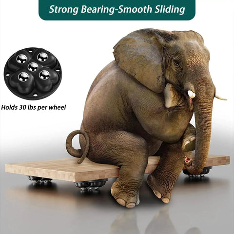 Self Adhesive Caster Wheels With 360 Degree Swivel Stainless Steel Rollers Low Profile Design For Kitchen Appliances Like Coffee Makers And Blenders Also Great For Furniture Storage Bins And Trash Cans Black Eight Pack demonstrating strength with an elephant