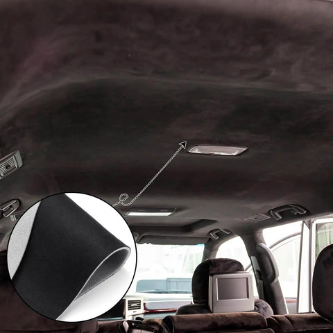 Interior view of car with installed Suede Headliner Fabric 98x60 With Foam Backing For Car Roof DIY Kit Seam Roller, highlighted installation