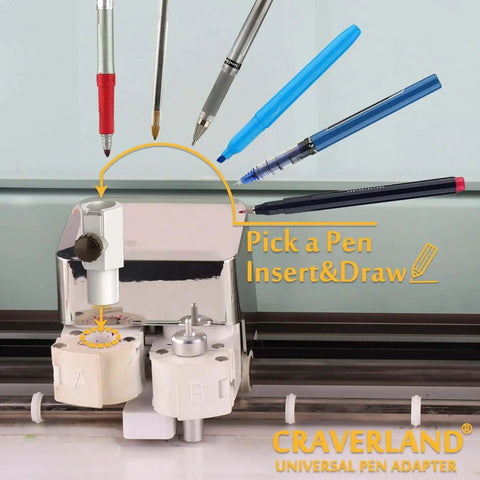 Universal Pen Adapter For Maker 4 3 Explore 4 3 Air 2 Air Maker Explore Cutting Machines That Fits All Pens Markers And Stylus Tools Under 0.5 Inch Diameter Tested With 100 Plus Pens For Smooth Drawing By CRAVERLAND, shown with various pens in cutting machine.