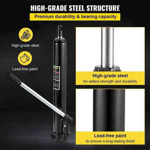 Three Ton Hydraulic Long Ram Jack With Clevis Base For Engine Hoist made of high-grade steel in black with extended handle