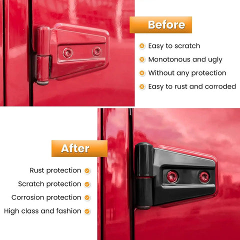 Comparison of a bare door hinge and a black coverinstalled on a red Wrangler, showcasing the Door Hinge Trim Kit for Wrangler JK JKU 2007-2018 Black 8 Piece