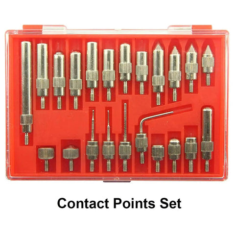 Contact points set in a red storage case for rugged dial indicator with magnetic base and fine adjustment, 0 to 1.0 inch range.