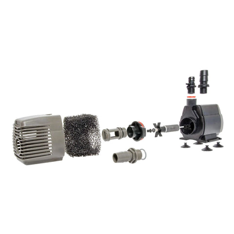 Hydrofarm AAPW1000 1000 GPH submersible water pump kit exploded view with housing, foam filter, and fittings, gray/black
