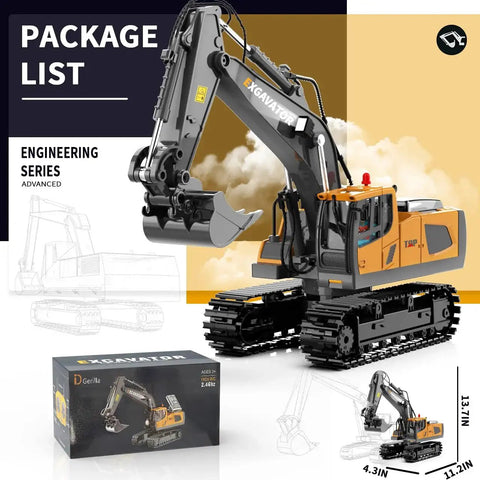 11 Channel RC Excavator Toy With Metal Shovel, Lights And Sounds, 680 Degree Cab Rotation, Realistic Construction Truck For Kids Ages 4 5 6 7 8 9 10 11 12, Awesome Christmas Birthday Gift For Boys And Girls