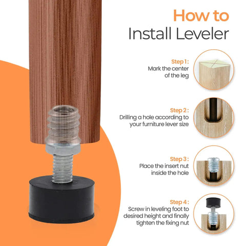 Installation guide for 1/4-20 Rubber Adjustable Furniture Levelers, Eight Pack Leveling Feet Screws for Threaded Furniture Legs