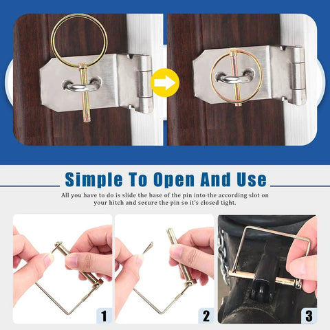 254 Piece Mixed Lynch And Clevis Pins Set With 5 Styles Of Pin Fasteners installed on a hinge demonstrating usage