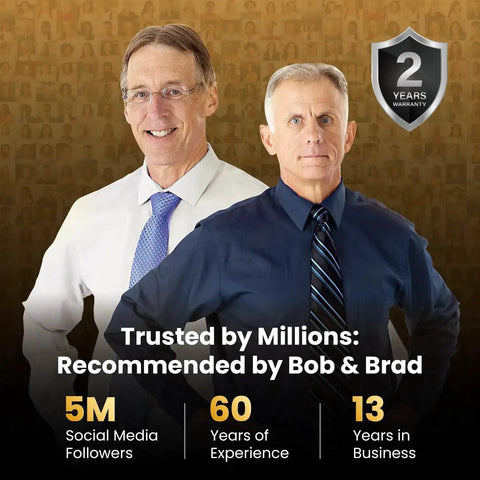 Two men standing with text: 5M social media followers, 60 years of experience, 13 years in business, trusted by millions, recommended by Bob & Brad.