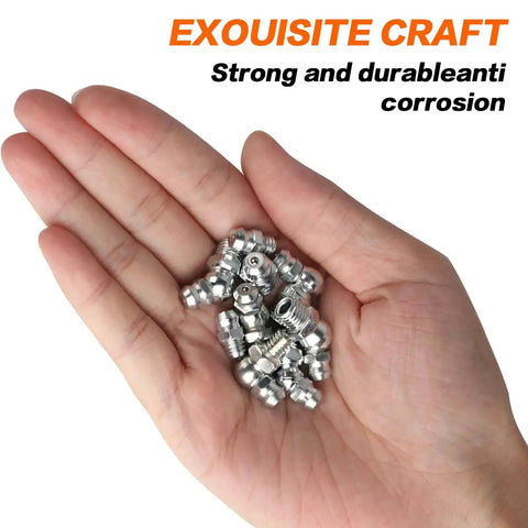 Hand holding Must Have Heavy Duty 45 Piece Metric Grease Fittings Kit With M6 M8 M10 Straight And Angled Zerk Fittings for hydraulic use