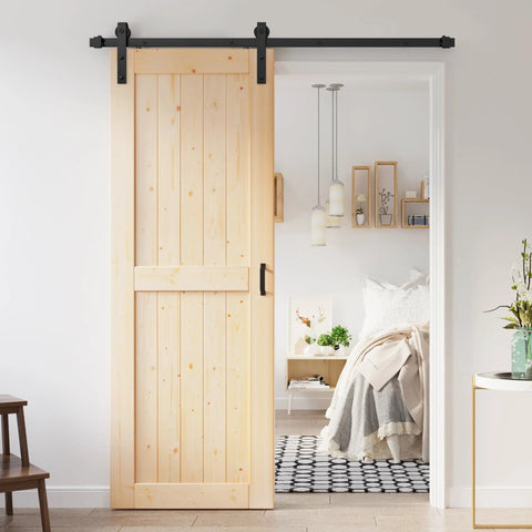 32x80 Inch Sliding Barn Door Slab With 5.5 Foot Hardware Kit Spruce Solid Wood Construction Easy DIY Assembly Rustic Barn Style Entry Door For Interior Rooms installed in bedroom entryway
