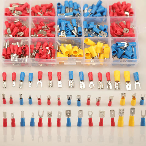 Feggizuli 280pcs crimp connectors kit with 2.8/4.8/6.3mm spade terminals, 15 types, red/blue/yellow insulated, in organizer.
