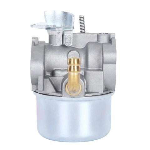 Carburetor with silver float bowl and brass fuel inlet on gray aluminum body (front view)