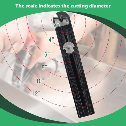 Adjustable Sheet Metal Hole Cutter with scale for circles 2-12 inches, suitable for HVAC duct metalwork and roofing use.